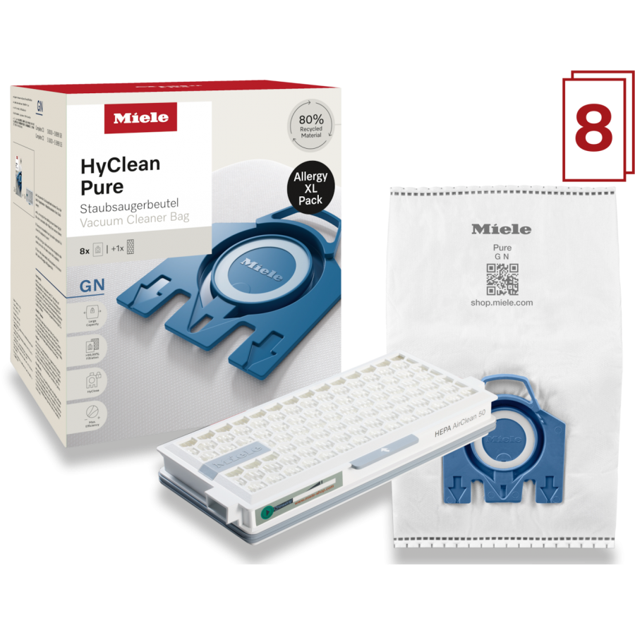 Miele GN Allergy XL HyClean Pure 8 stofzuigerzakken en een HEPA-filter
