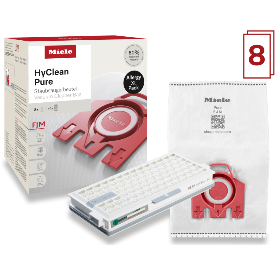 Miele FJM Allergy XL HyClean Pure 8 stofzuigerzakken en een HEPA-filter